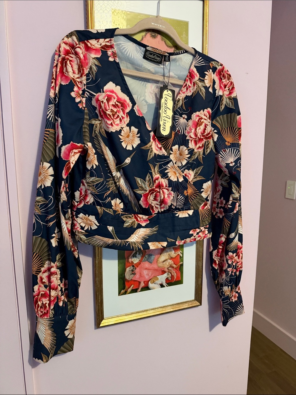 Voodoo Vixen Navy Wrap Top with Pink and Cream Floral Print